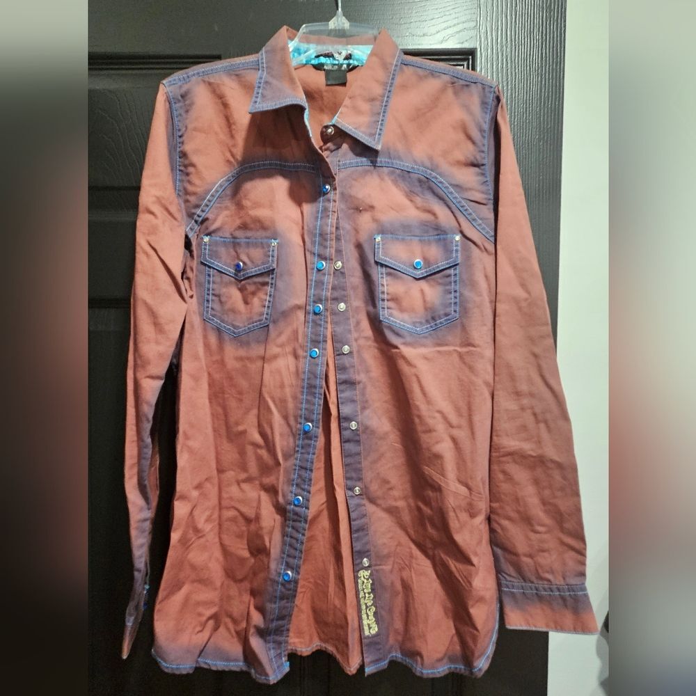 Long Live Cowgirld Button Down Shirt - Rust with Blue Stitching